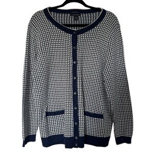 Lands' End 100% Supima Cotton Navy and White Windowpane Plaid 1X Cardigan